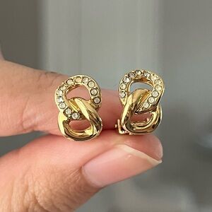 Vintage Christian Dior Mini Chain Knot Rope Rhinestone Glossy Gold Clip Earrings